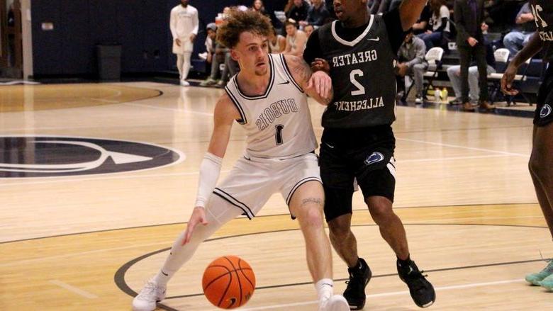 Penn State DuBois senior guard Jordin Sommers dribbles and protects the basketball as he drives in the lane during a recent basketball game at the PAW Center, on the campus of Penn State DuBois.